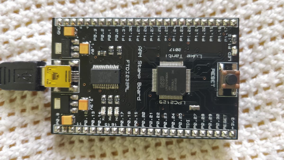 Top view of the LPC2129 development board with USB and FTDI interface